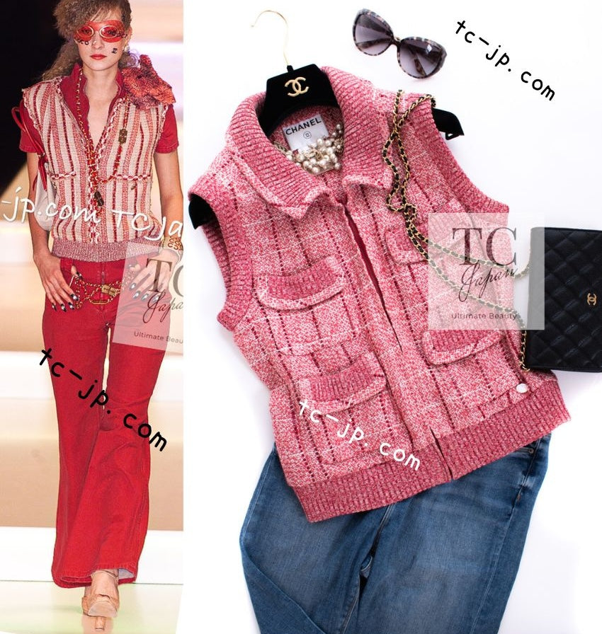 CHANEL 01S Red Linen Tweed Sequin Trim Vest Tops 38 シャネル レッド リネン ツイード スパンコール トリム ベスト ジレ トップス 即発
