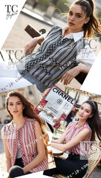 CHANEL 01S Red Linen Tweed Sequin Trim Vest Tops 38 シャネル レッド リネン ツイード スパンコール トリム ベスト ジレ トップス 即発