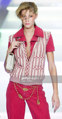CHANEL 01S Beige Red Knit Sequin Vest Tops 38 シャネル ベージュ レッド スパンコール ニット ベスト トップス 即発