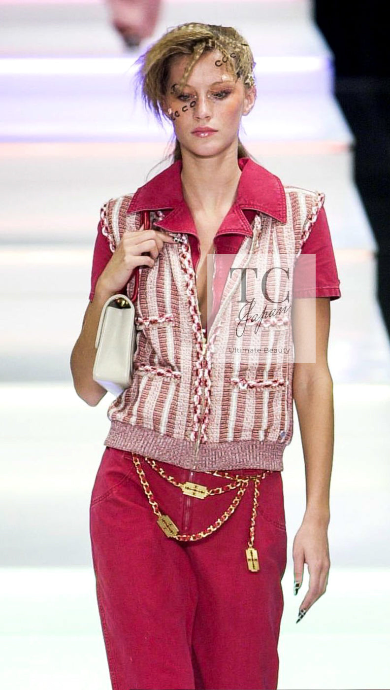 CHANEL 01S Beige Red Knit Sequin Vest Tops 38 シャネル ベージュ レッド スパンコール ニット ベスト トップス 即発