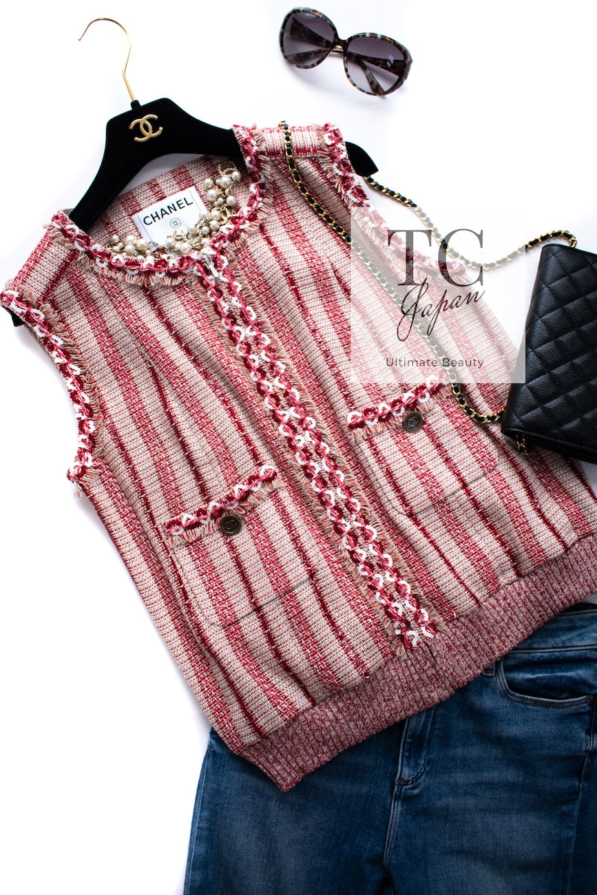 CHANEL 01S Beige Red Knit Sequin Vest Tops 38 シャネル ベージュ レッド スパンコール ニット ベスト トップス 即発