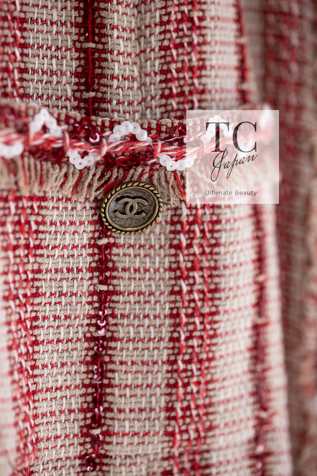 CHANEL 01S Beige Red Knit Sequin Vest Tops 38 シャネル ベージュ レッド スパンコール ニット ベスト トップス 即発