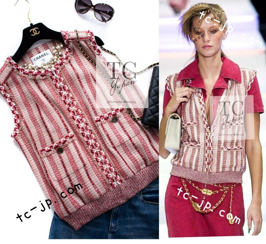 CHANEL 01S Beige Red Knit Sequin Vest Tops 38 シャネル ベージュ レッド スパンコール ニット ベスト  トップス 即発