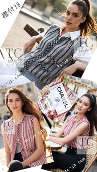 CHANEL 01S Beige Red Knit Sequin Vest Tops 38 シャネル ベージュ レッド スパンコール ニット ベスト トップス 即発