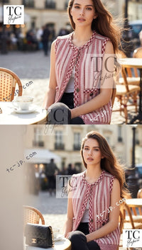 CHANEL 01S Beige Navy Linen Tweed Sequin trim Vest Tops 38 シャネル ベージュ ネイビー リネン ツイード スパンコール トリム ベスト ジレ トップス 即発