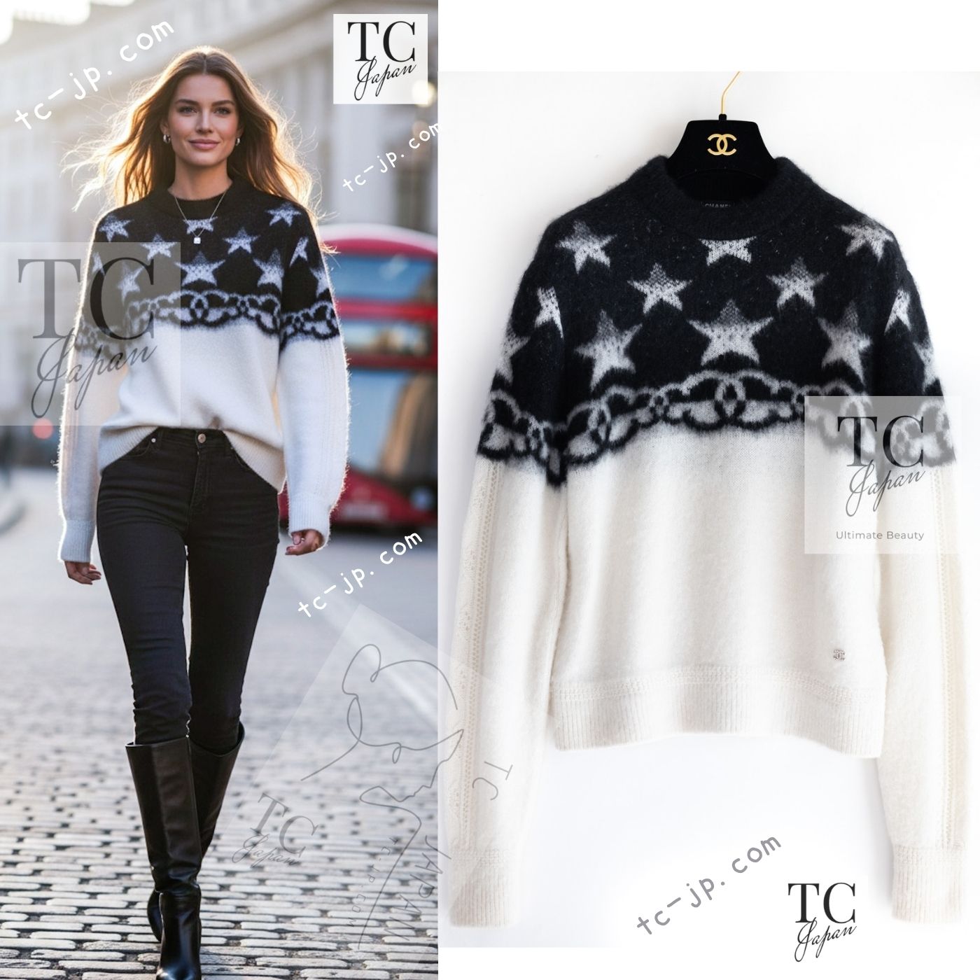 CHANEL 23N Black Ivory Cashmere CC Logo Knit Sweater 36 シャネル ココ ネージュ ブラック アイボリー ココマーク カシミヤ ニット セーター 即発
