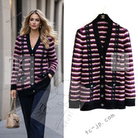 CHANEL 23PA Black Purple Burgundy Alpaca Cashmere Knit Cardigan 36 38 シャネル ブラック パープル バーガンディー ニット カーディガン 即発