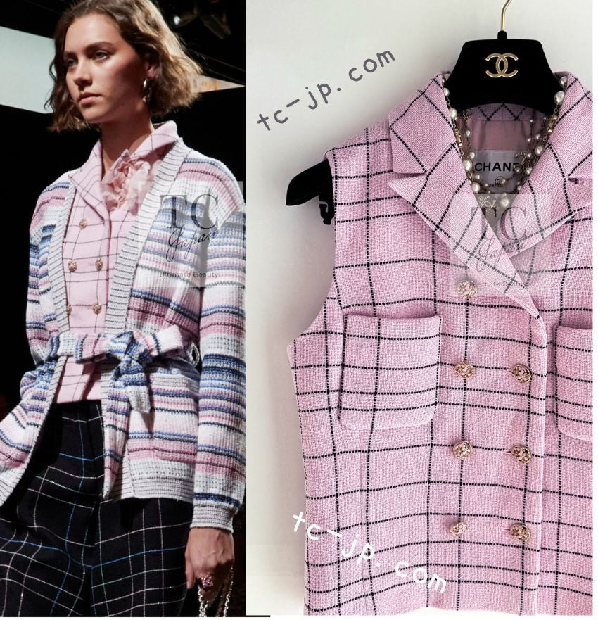 シャネル トップス ジレ ベスト CHANEL ピンク チェック ウール