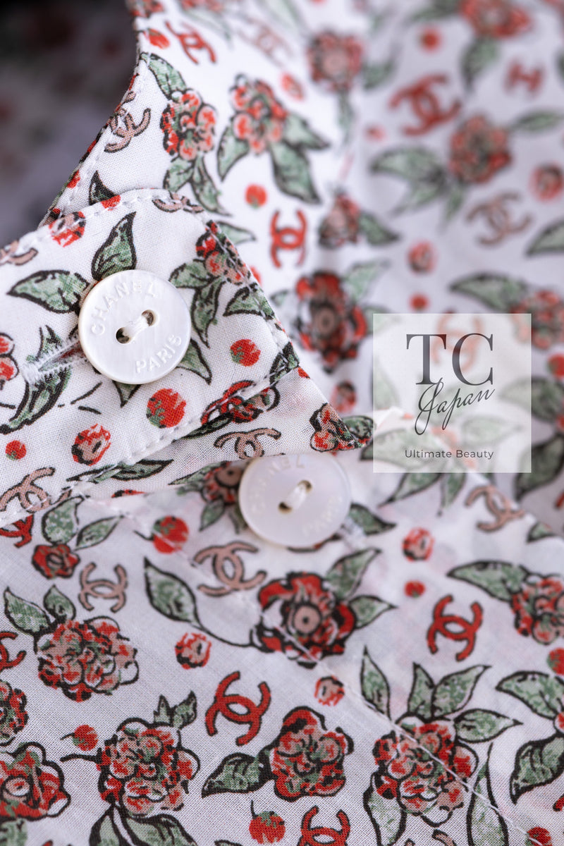 CHANEL 24PA  White Red CC Logo Floral Pattern Tops Blouse 34 シャネル ホワイト レッド CC ロゴ 花柄 トップス ブラウス 即発