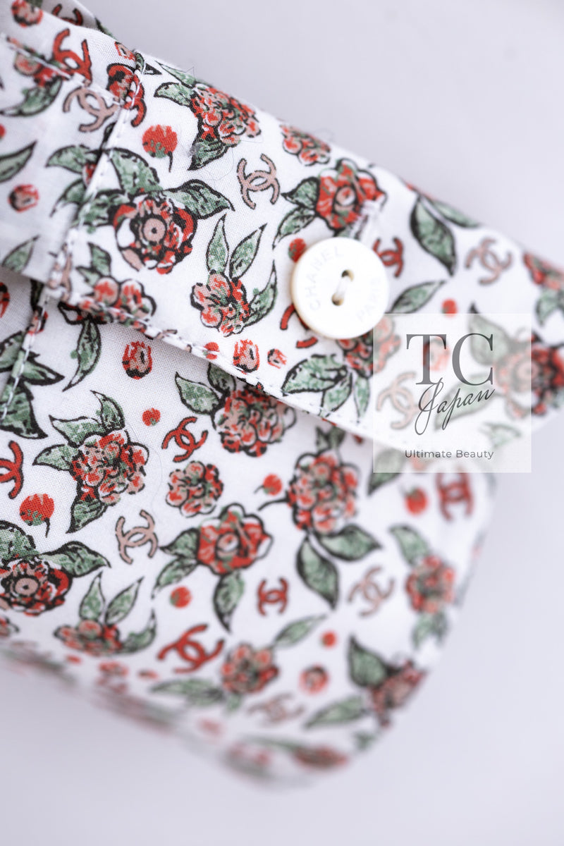 CHANEL 24PA  White Red CC Logo Floral Pattern Tops Blouse 34 シャネル ホワイト レッド CC ロゴ 花柄 トップス ブラウス 即発