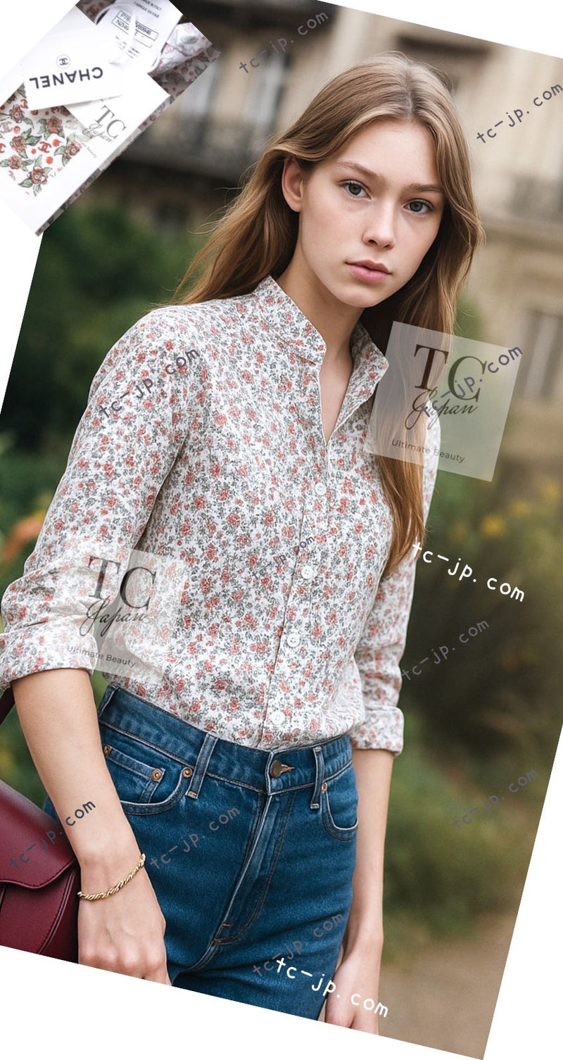 CHANEL 24PA White Red CC Logo Floral Pattern Tops Blouse 34 シャネル ホワイト レッド CC ロゴ 花柄 トップス ブラウス 即発