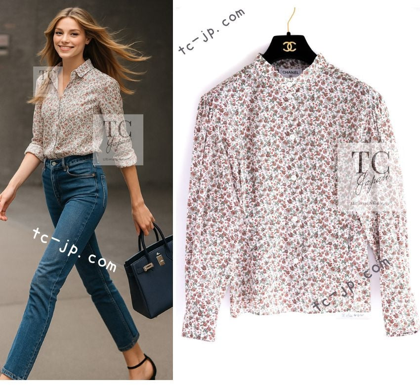 CHANEL 24PA White Red CC Logo Floral Pattern Tops Blouse 34 シャネル ホワイト レッド CC ロゴ 花柄 トップス ブラウス 即発