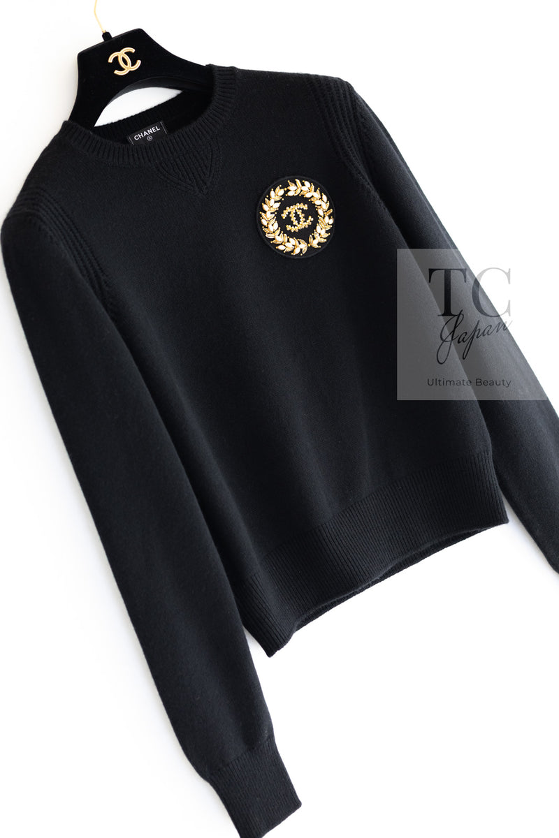 CHANEL 20PF Black CC Logo Cashmere Knit Sweater 36 38 シャネル ブラック ココ マーク ワッペン カシミヤ 100% ニット セーター 即発