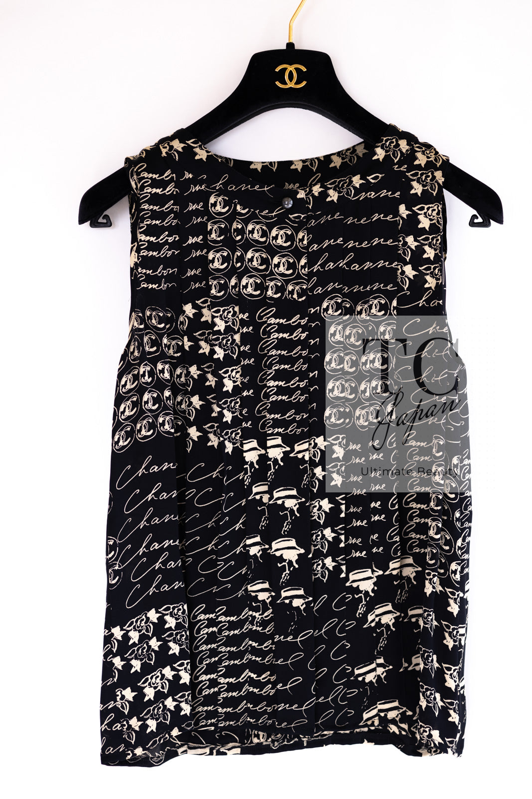 CHANEL 06C Black Beige Silk CC Logo Sleeveless Tops 38 シャネル ブラック ベージュ シルク CC ロゴ ブラウス ノースリーブシャツ トップス 即発