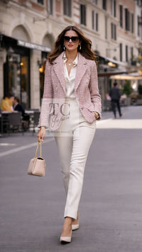 CHANEL 06C Pink Beige CC Logo Buttons Tweed Jacket 42 シャネル ピンク ベージュ CC ロゴ ココボタン ツイード ジャケット 即発