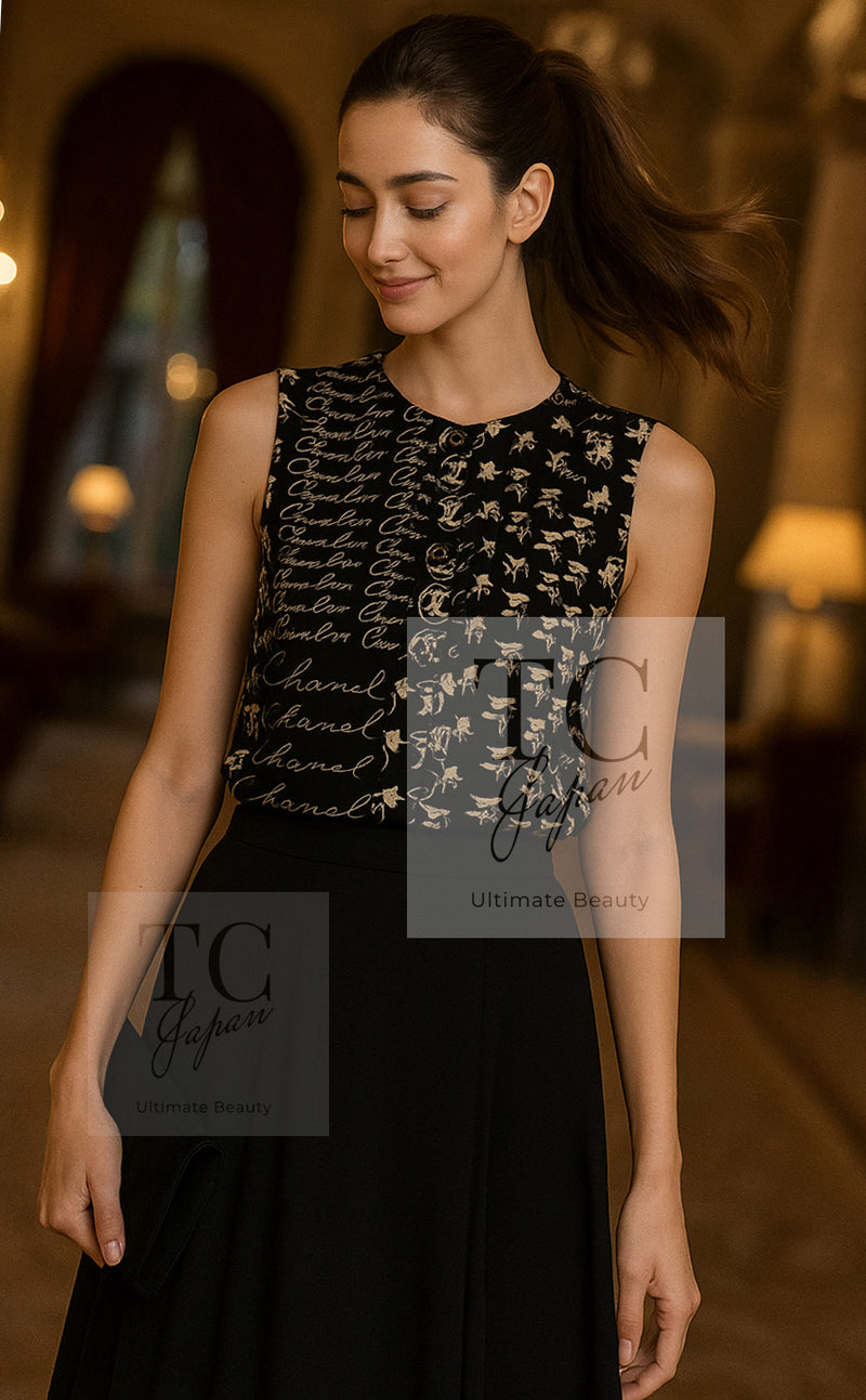 CHANEL 06C Black Beige Silk CC Logo Sleeveless Tops 38 シャネル ブラック ベージュ シルク CC ロゴ ブラウス ノースリーブシャツ トップス 即発