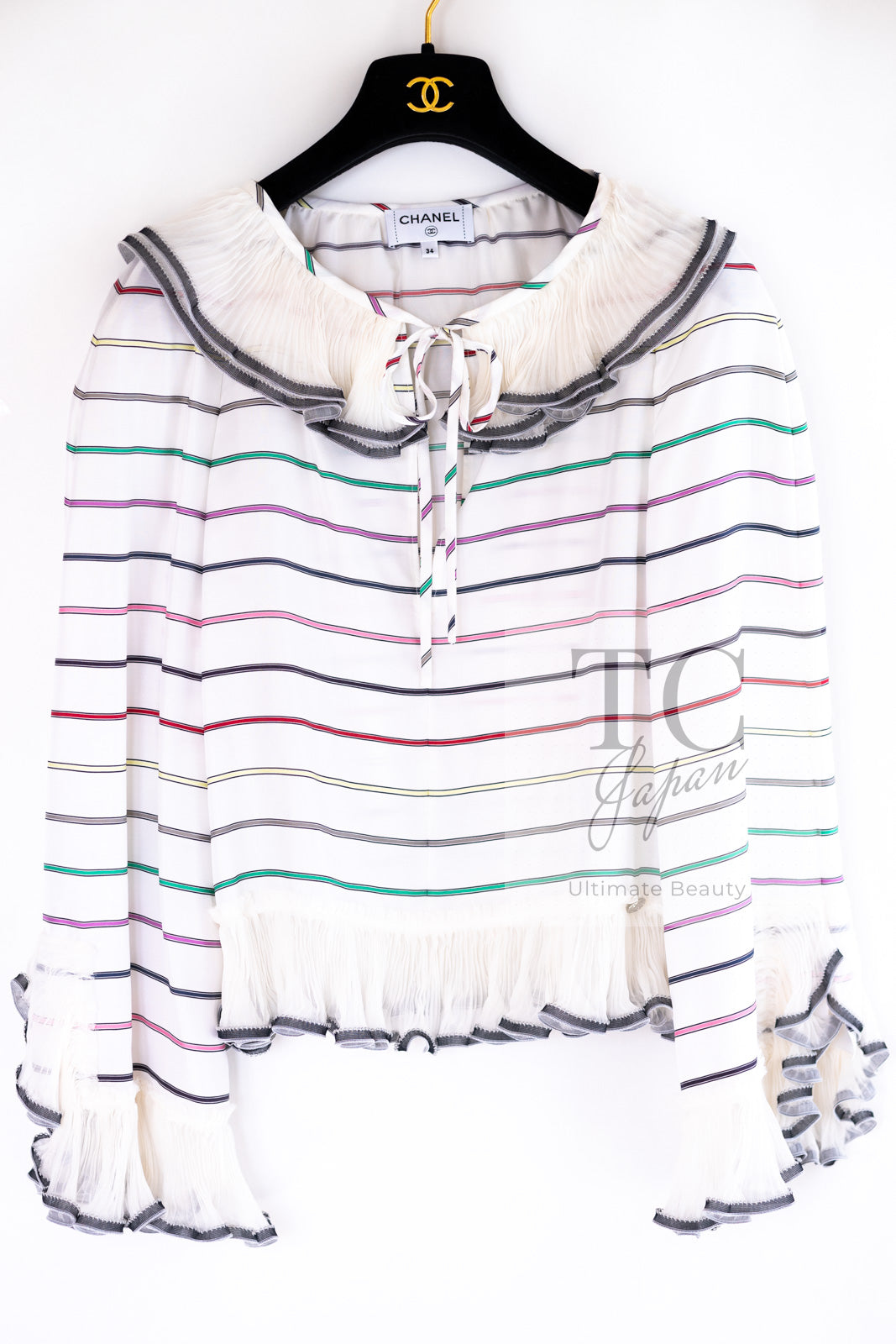 CHANEL 17S White Multicolor Stripe Ruffle Silk Blouse Tops 36 38 シャネル ホワイト マルチカラー ストライプ フリル ブラウス トップス 即発