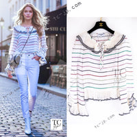 CHANEL 17S White Multicolor Stripe Ruffle Silk Blouse Tops 36 38 シャネル ホワイト マルチカラー ストライプ フリル ブラウス トップス 即発