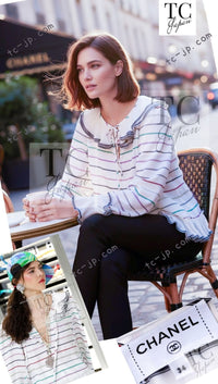 CHANEL 17S White Multicolor Stripe Ruffle Silk Blouse Tops 36 38 シャネル ホワイト マルチカラー ストライプ フリル ブラウス トップス 即発
