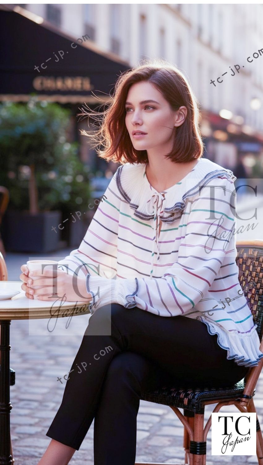 CHANEL 17S White Multicolor Stripe Ruffle Silk Blouse Tops 36 38 シャネル ホワイト マルチカラー ストライプ フリル ブラウス トップス 即発