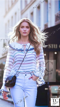 CHANEL 17S White Multicolor Stripe Ruffle Silk Blouse Tops 36 38 シャネル ホワイト マルチカラー ストライプ フリル ブラウス トップス 即発