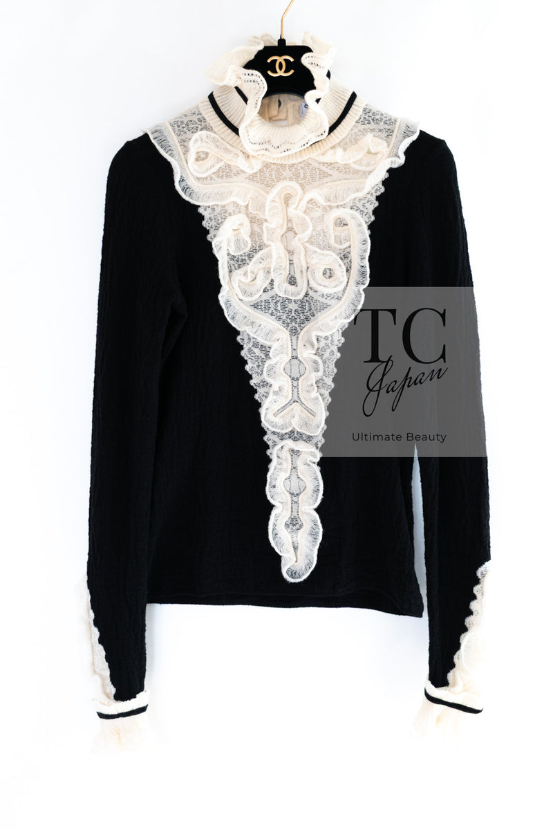 CHANEL 15PF Black Ivory Wool Alpaca Soft Stretchable Knit Tops Sweater 34 36 シャネル ブラック アイボリー ウール アルパカ ソフト ストレッチ ニット トップス セーター 即発