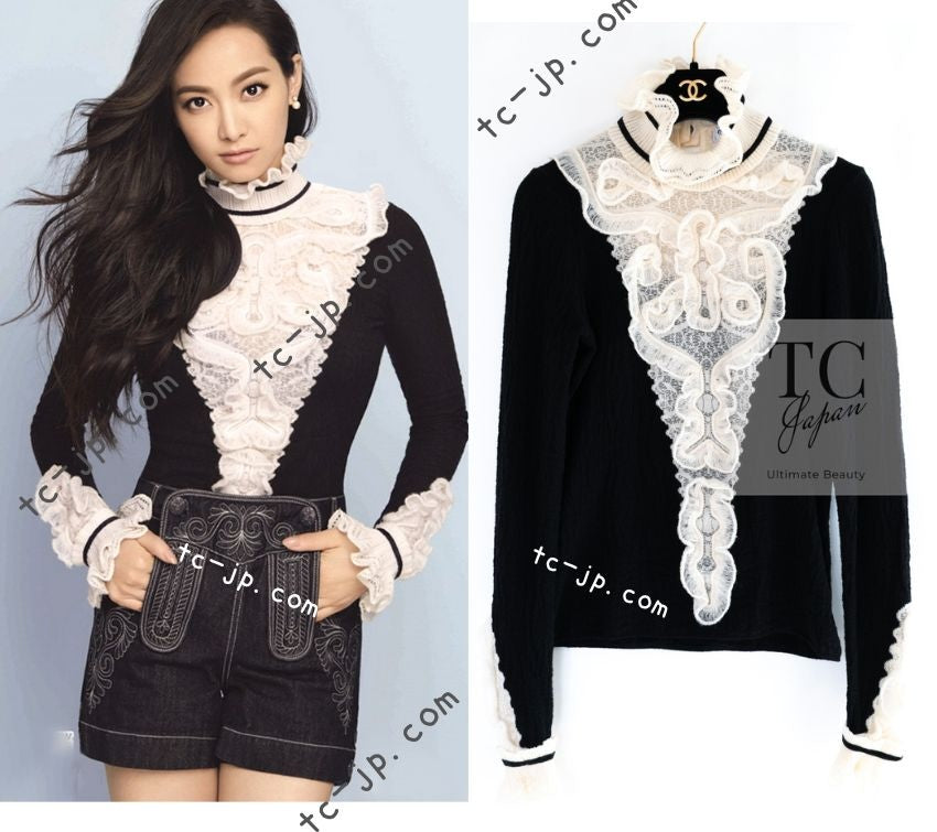 CHANEL 15PF Black Ivory Wool Alpaca Soft Stretchable Knit Tops Sweater 34 36 シャネル ブラック アイボリー ウール アルパカ ソフト ストレッチ ニット トップス セーター 即発