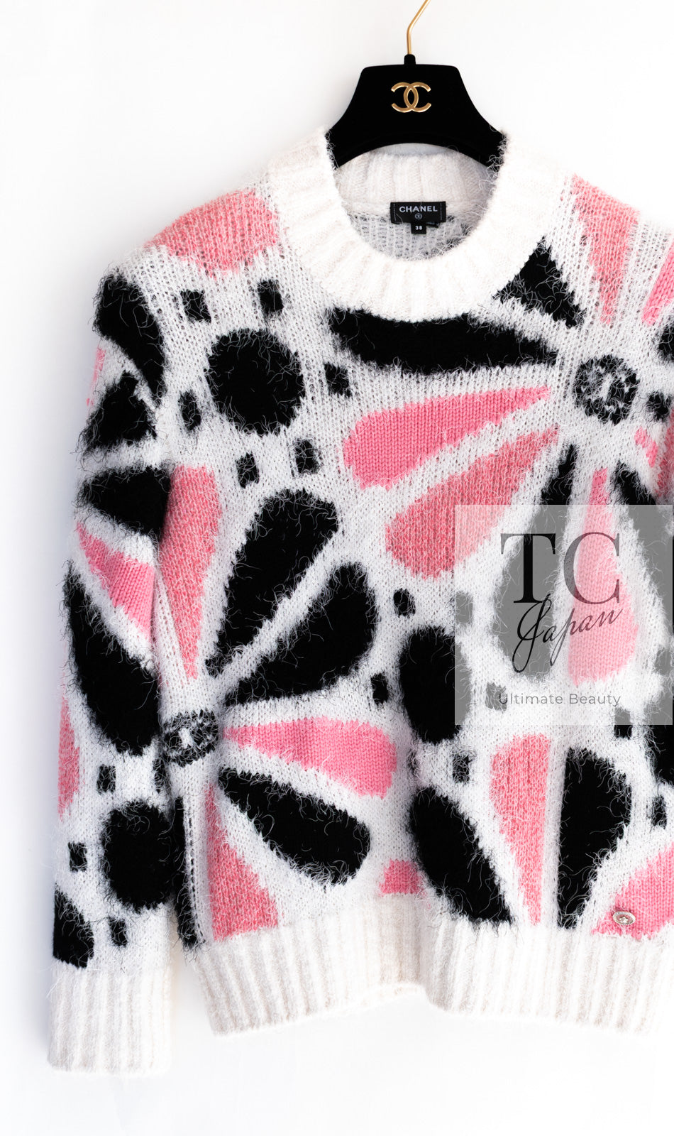 CHANEL 23A white black pink cashmere silk knit CC logo women's sweater 1