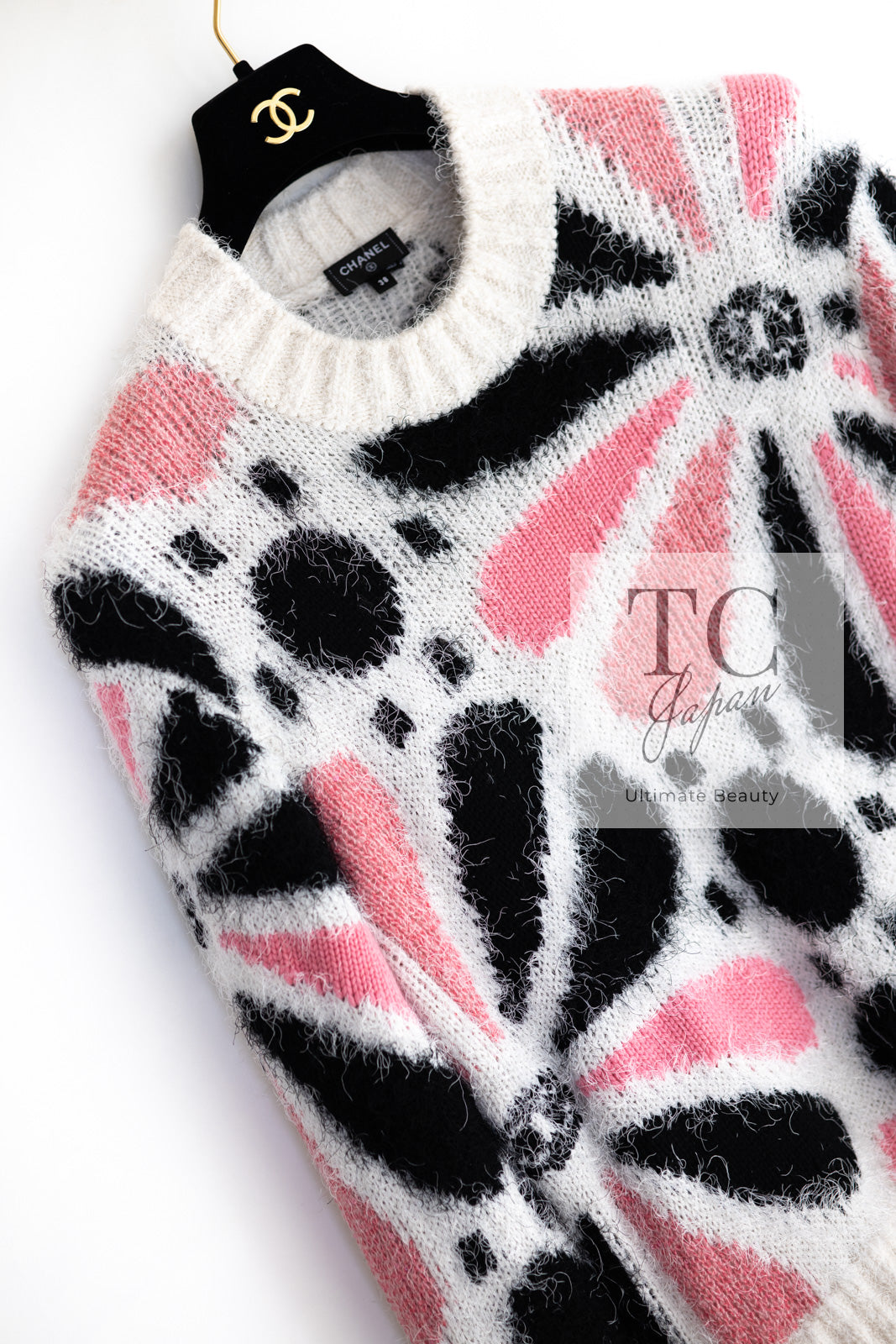 CHANEL 23A White Pink Black CC Logo Cashmere Silk Knit Sweater 38 40 シャネル ホワイト ピンク ブラック ココマーク カシミヤ シルク ニット セーター 即発