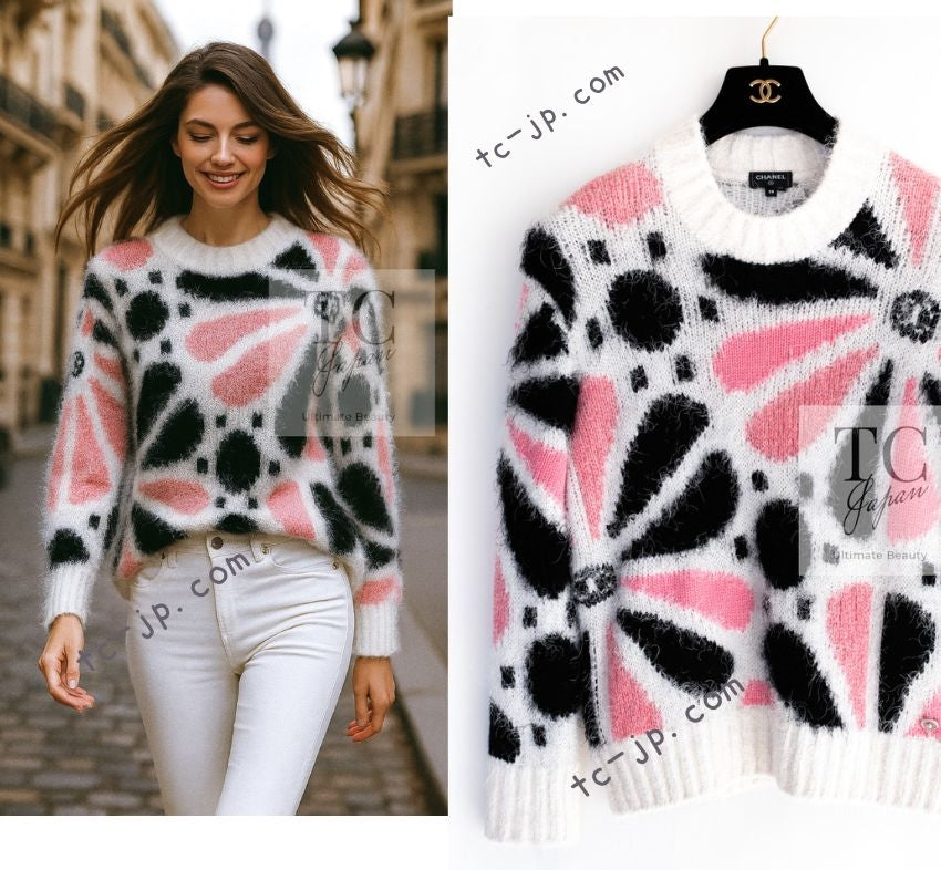 CHANEL 23A White Pink Black CC Logo Cashmere Silk Knit Sweater 38 40 シャネル ホワイト ピンク ブラック ココマーク カシミヤ シルク ニット セーター 即発