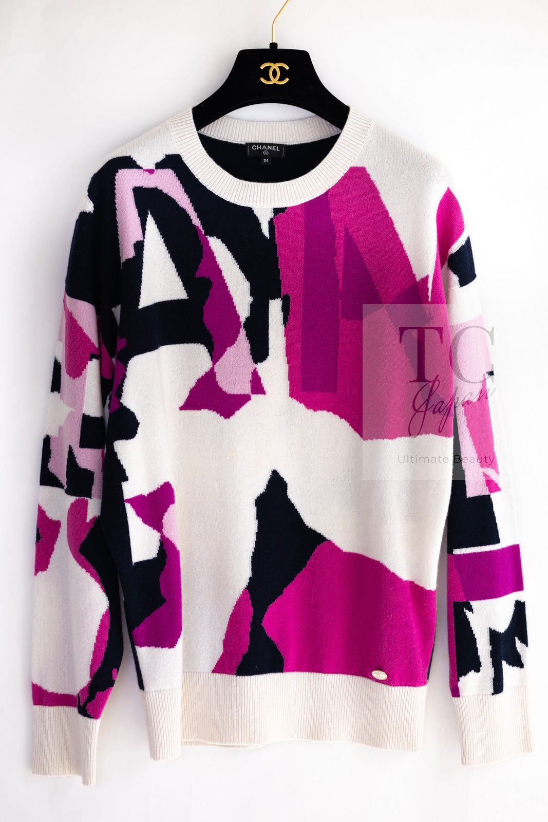 CHANEL 21PS Ivory White Magenta Pink Coco Mark Cashmere Knit Sweater 34 36 38 シャネル アイボリーホワイト マゼンタピンク ココマーク カシミヤ 100% ニット セーター 即発