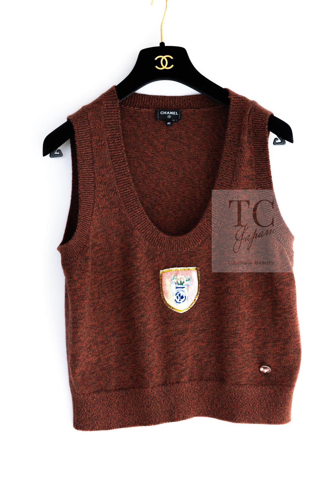CHANEL 24PF Brown Sequin Vase Motif Cashmere Knit Vest Sweater 36 38 シャネル ブラウン スパンコール 花瓶 モチーフ ニット ベスト カシミヤ100% セーター 即発