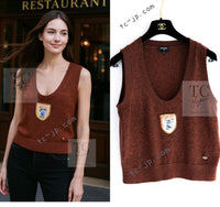CHANEL 24PF Brown Sequin Vase Motif Cashmere Knit Vest Sweater 36 38 シャネル ブラウン スパンコール 花瓶 モチーフ ニット ベスト カシミヤ100% セーター 即発