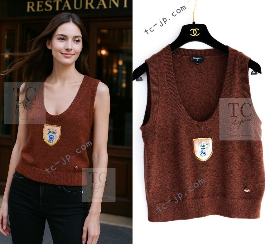 CHANEL 24PF Brown Sequin Vase Motif Cashmere Knit Vest Sweater 36 38 シャネル ブラウン スパンコール 花瓶 モチーフ ニット ベスト カシミヤ100% セーター 即発
