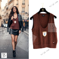 CHANEL 24PF Brown Sequin Vase Motif Cashmere Knit Vest Sweater 36 38 シャネル ブラウン スパンコール 花瓶 モチーフ ニット ベスト カシミヤ100% セーター 即発