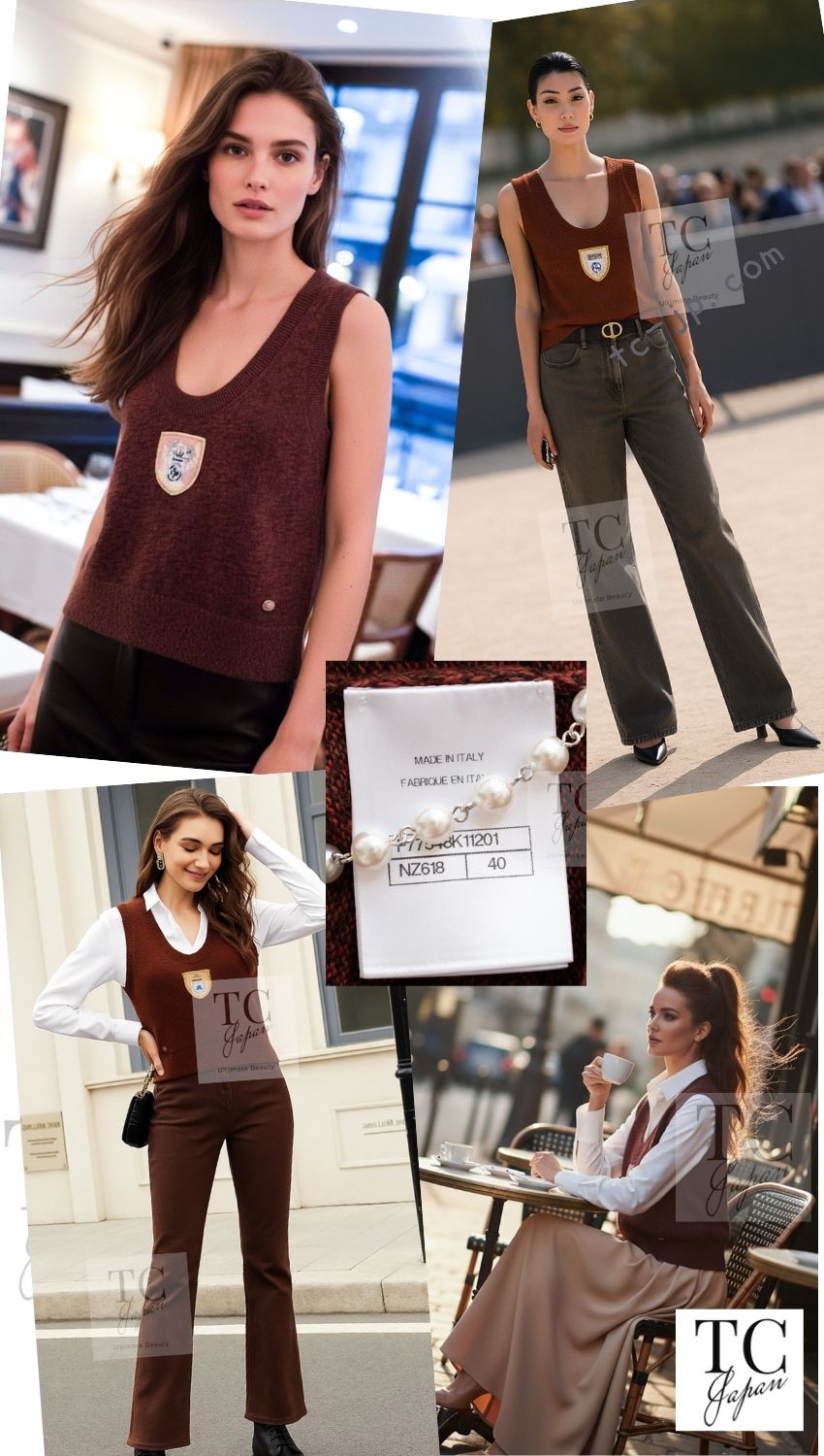 CHANEL 24PF Brown Sequin Vase Motif Cashmere Knit Vest Sweater 36 38 シャネル ブラウン スパンコール 花瓶 モチーフ ニット ベスト カシミヤ100% セーター 即発