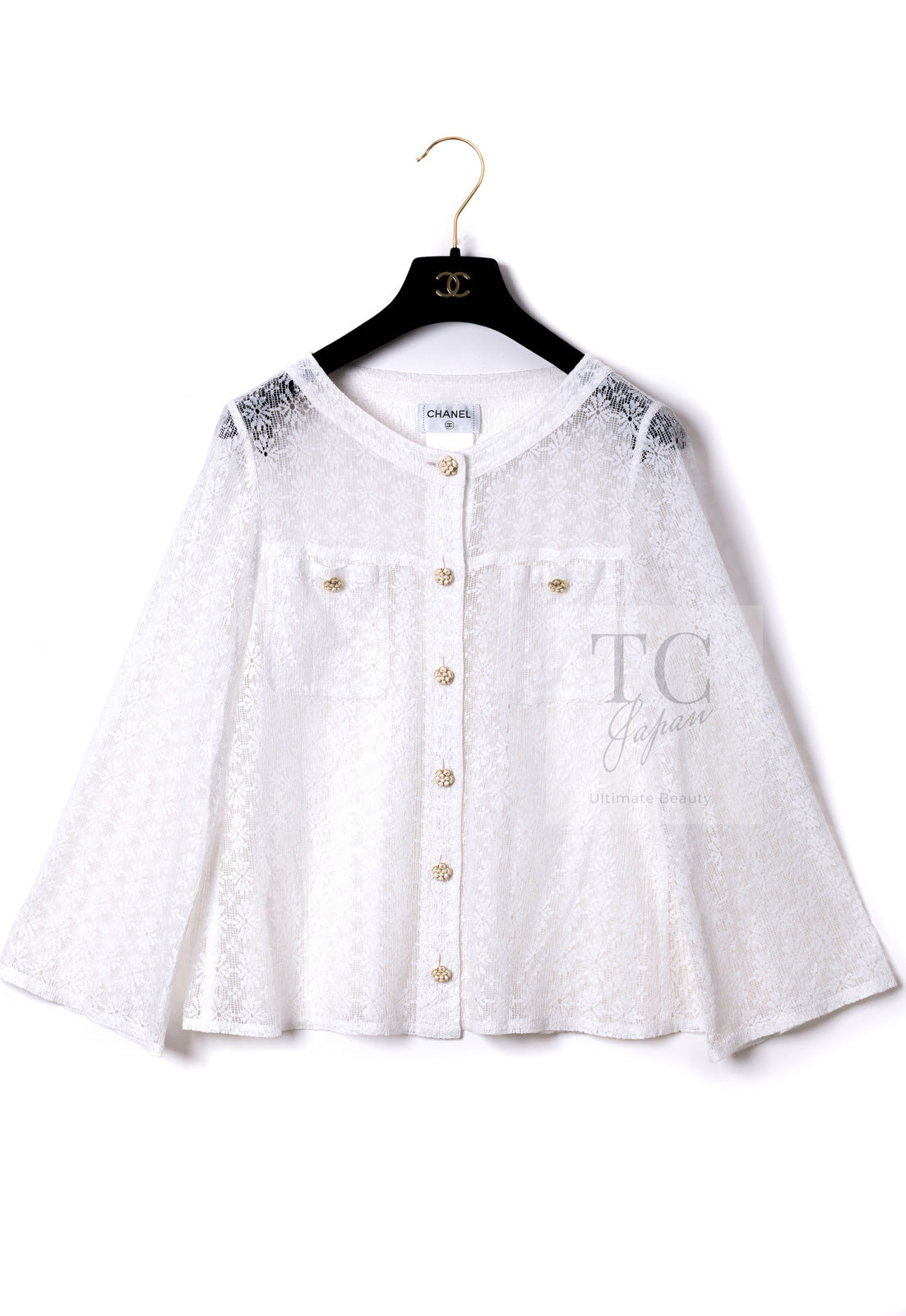 CHANEL 15S White Flower Lace Cotton Tops Blouse Jacket 38 シャネル ホワイト アイボリー フラワー レース トップス ブラウス ジャケット 即発