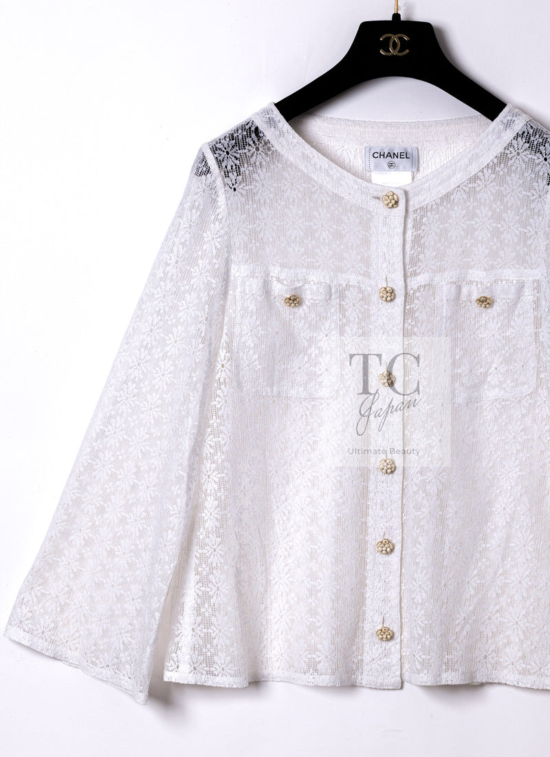 CHANEL 15S White Flower Lace Cotton Tops Blouse Jacket 38 シャネル ホワイト アイボリー フラワー レース トップス ブラウス ジャケット 即発