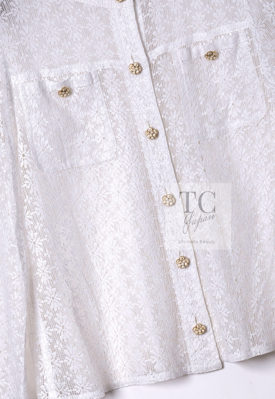 CHANEL 15S White Flower Lace Cotton Tops Blouse Jacket 38 シャネル ホワイト アイボリー フラワー レース トップス ブラウス ジャケット 即発