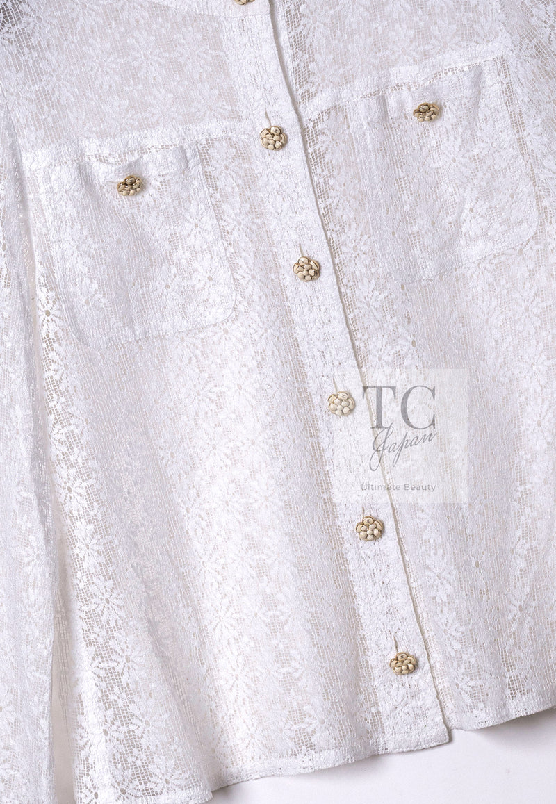 CHANEL 15S White Flower Lace Cotton Tops Blouse Jacket 38 シャネル ホワイト アイボリー フラワー レース トップス ブラウス ジャケット 即発