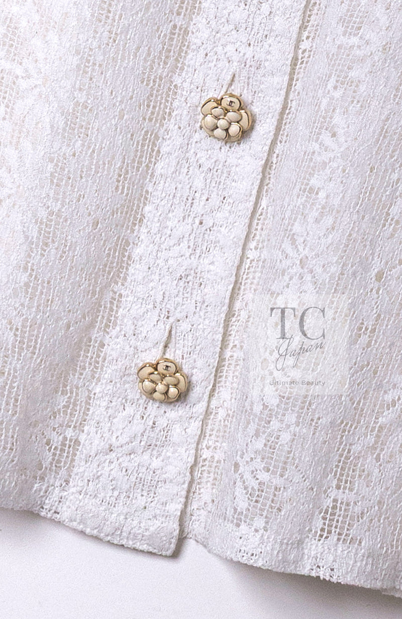 CHANEL 15S White Flower Lace Cotton Tops Blouse Jacket 38 シャネル ホワイト アイボリー フラワー レース トップス ブラウス ジャケット 即発
