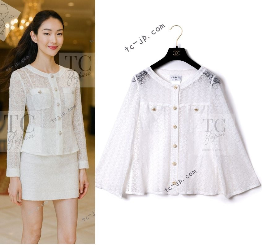 CHANEL 15S White Flower Lace Cotton Tops Blouse Jacket 38 シャネル ホワイト アイボリー フラワー レース トップス ブラウス ジャケット 即発