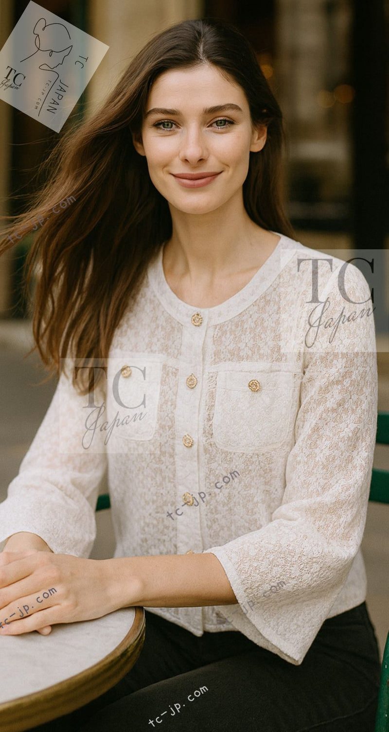 CHANEL 15S White Flower Lace Cotton Tops Blouse Jacket 38 シャネル ホワイト アイボリー フラワー レース トップス ブラウス ジャケット 即発