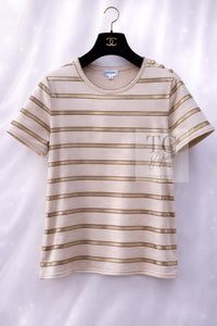 CHANEL 18C Beige Gold Striped Cotton T-shirt Tops 34 シャネル ベージュ ゴールド ボーダー コットン Tシャツ トップス 即発