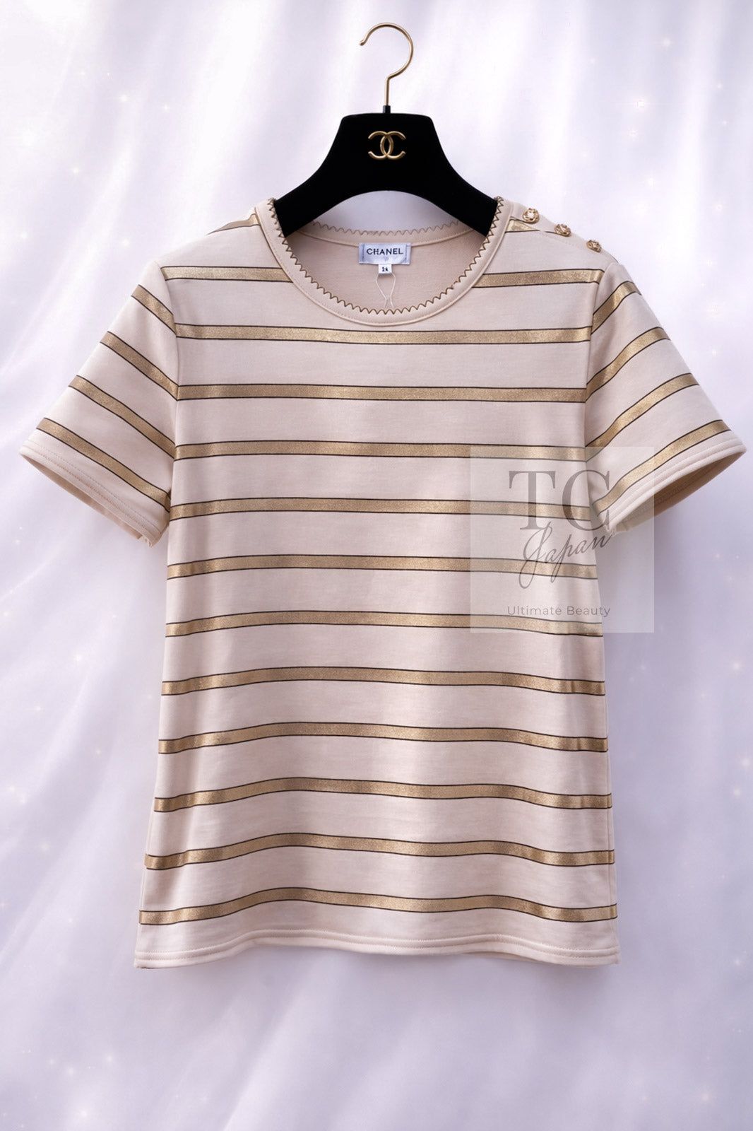 CHANEL 18C Beige Gold Striped Cotton T-shirt Tops 34 シャネル ベージュ ゴールド ボーダー コットン Tシャツ トップス 即発