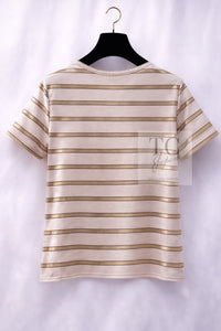 CHANEL 18C Beige Gold Striped Cotton T-shirt Tops 34 シャネル ベージュ ゴールド ボーダー コットン Tシャツ トップス 即発