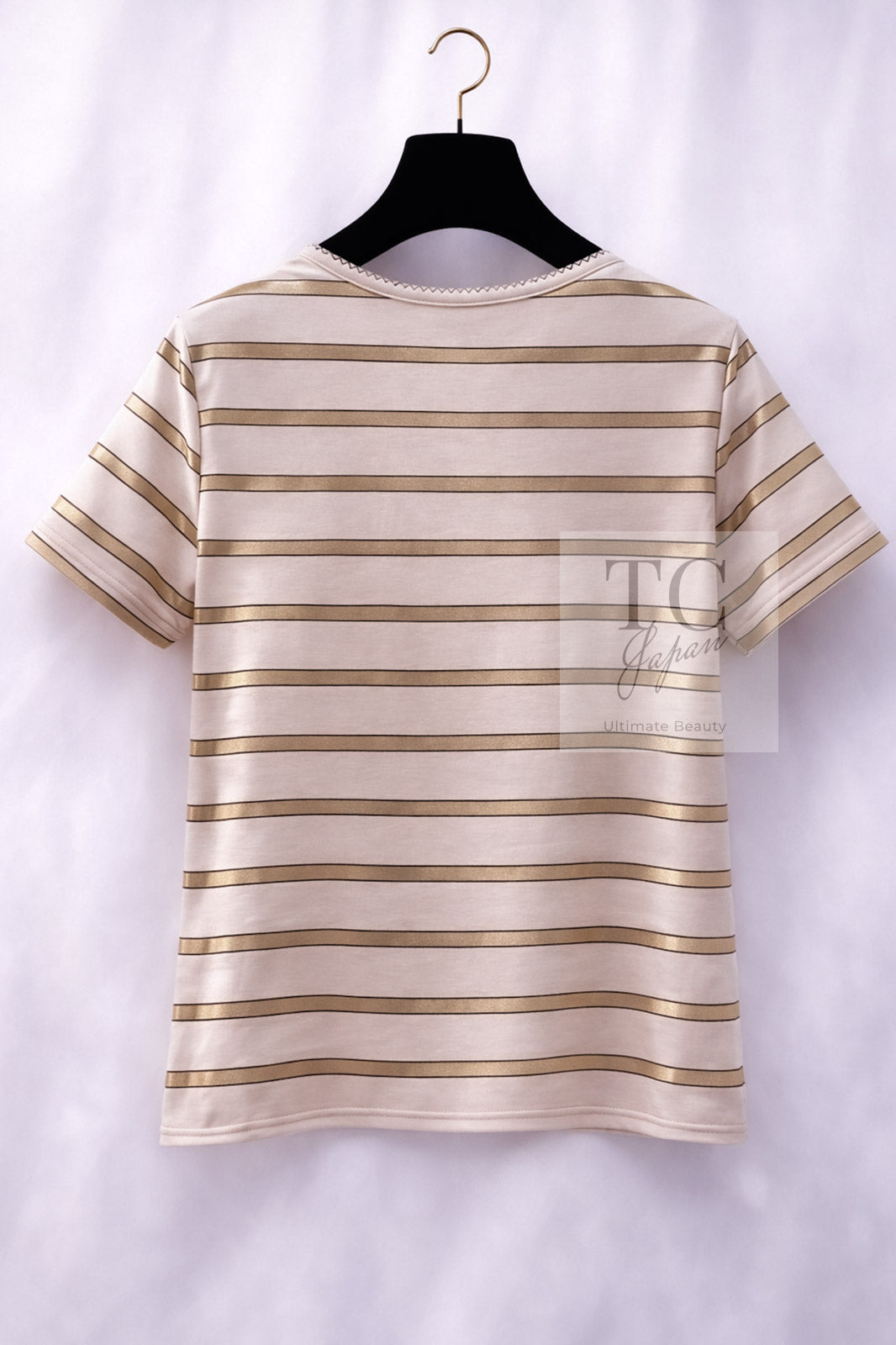 CHANEL 18C Beige Gold Striped Cotton T-shirt Tops 34 シャネル ベージュ ゴールド ボーダー コットン Tシャツ トップス 即発