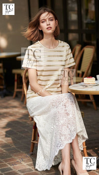 CHANEL 18C Beige Gold Striped Cotton T-shirt Tops 34 シャネル ベージュ ゴールド ボーダー コットン Tシャツ トップス 即発