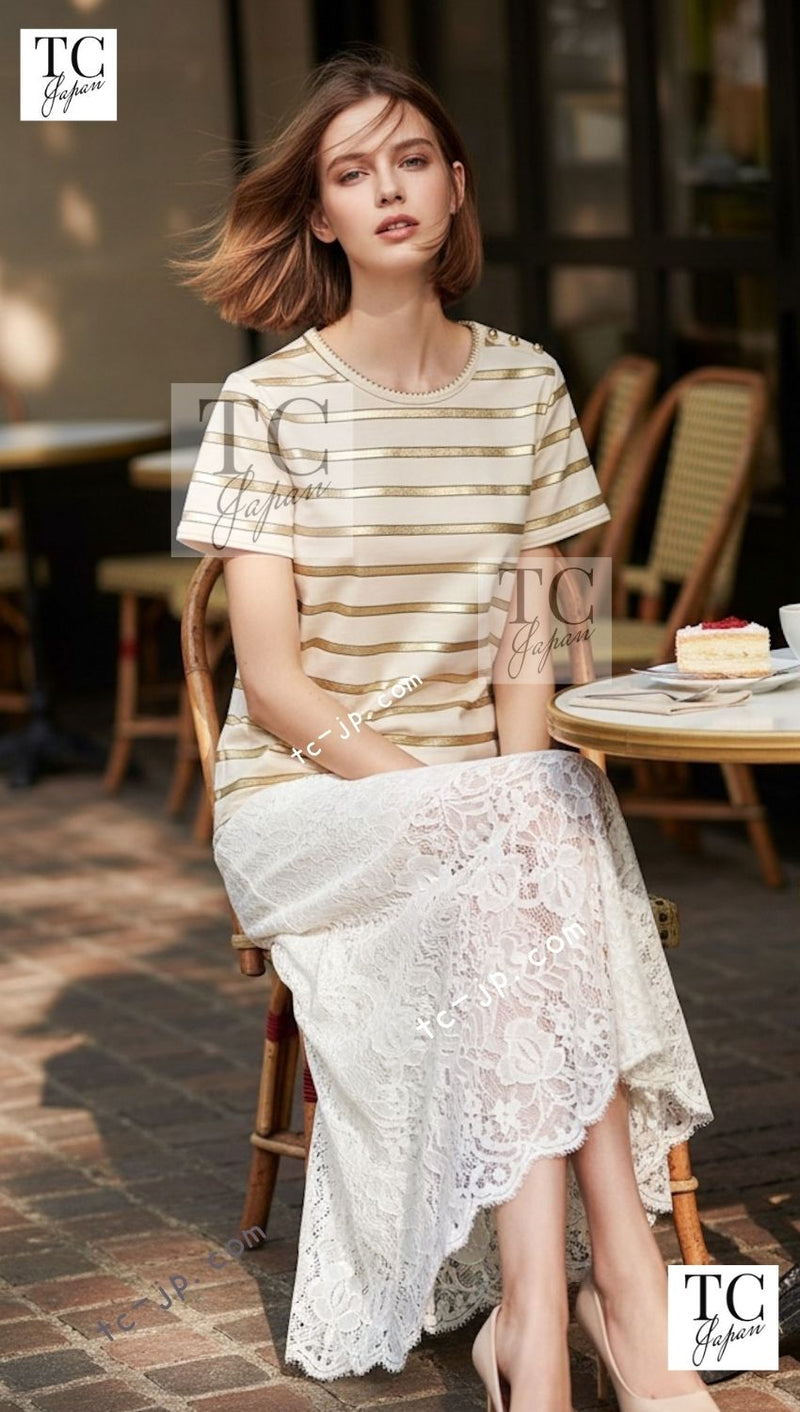 CHANEL 18C Beige Gold Striped Cotton T-shirt Tops 34 シャネル ベージュ ゴールド ボーダー コットン Tシャツ トップス 即発