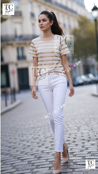 CHANEL 18C Beige Gold Striped Cotton T-shirt Tops 34 シャネル ベージュ ゴールド ボーダー コットン Tシャツ トップス 即発